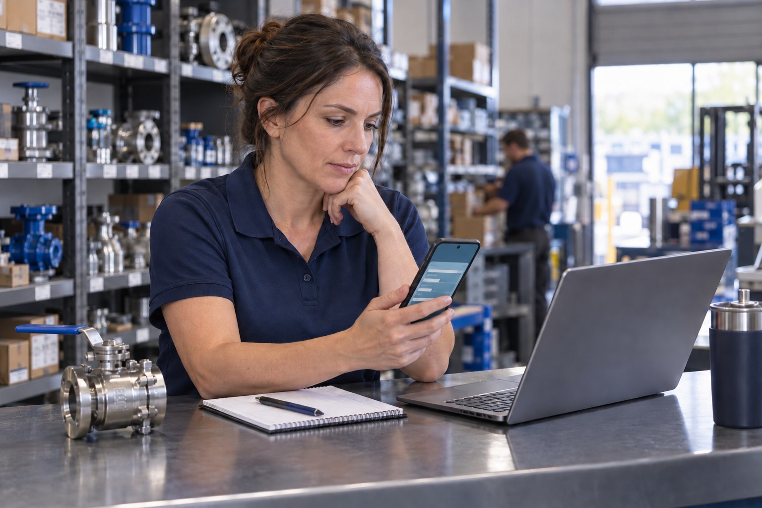 Illustrative distributor professional reviewing a phone request at an industrial supply counter