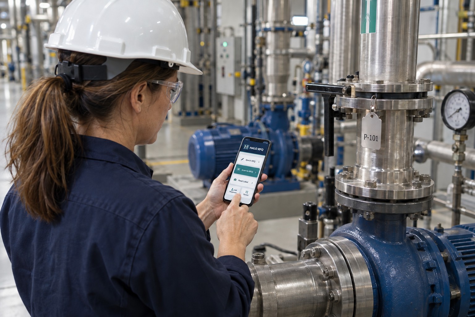 Illustrative facilities professional entering a request on a phone beside industrial pump equipment