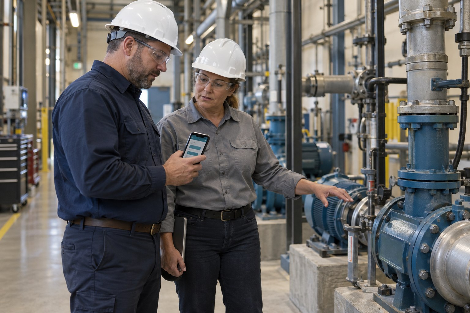 Illustrative manufacturers representative and facility supervisor reviewing a phone together
